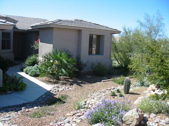 Another front yard design with some more lush, mixed plantings leading up to a courtyard style entrance.